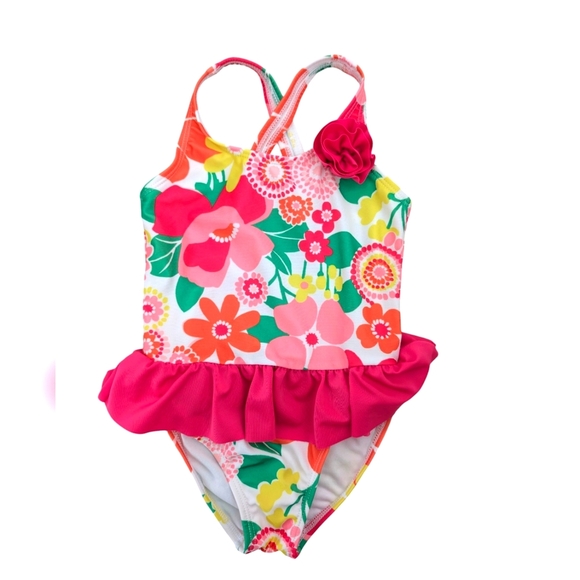 Gymboree Girls Swimsuit Floral Kids Swimwear with Pink Ruffle Size XS 4T - Picture 1 of 8